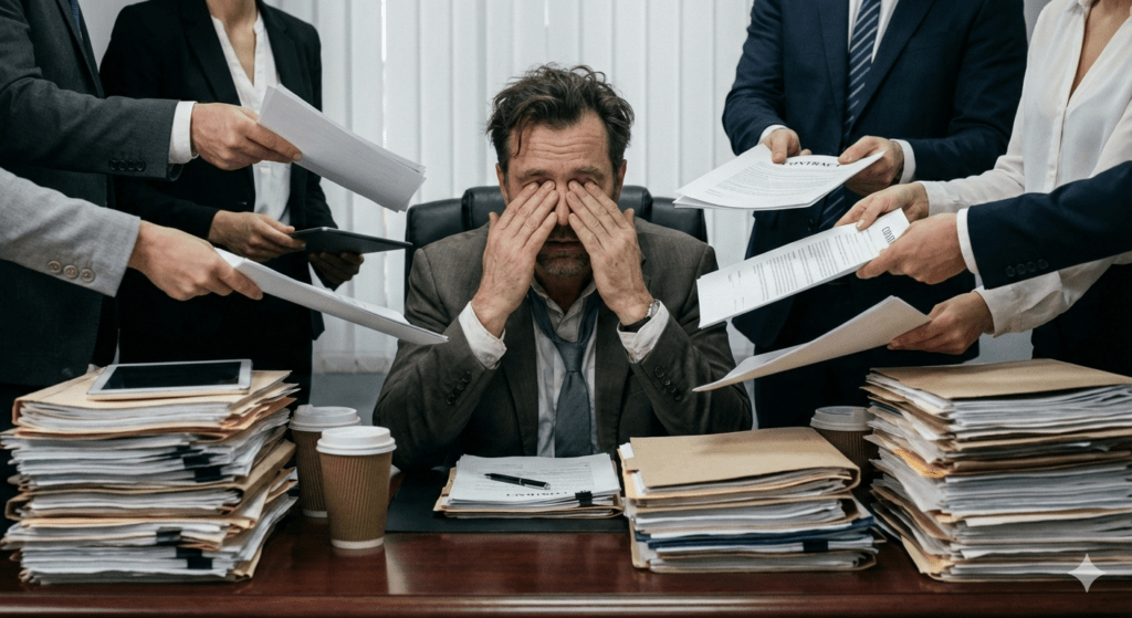 Foto fotorealistica di un manager stanco alla scrivania, generata da AI.